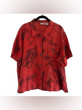 Chico’s Red 100% Linen Tribal Folk Art Short Sleeve Button Down Shirt